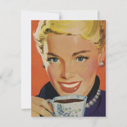 レトロなコーヒー、お茶を楽しむ幸せな女性 (正面)