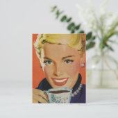 レトロなコーヒー、お茶を楽しむ幸せな女性 (スタンド正面)
