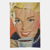 レトロなコーヒー、お茶を楽しむ幸せな女性 キッチンタオル (縦)