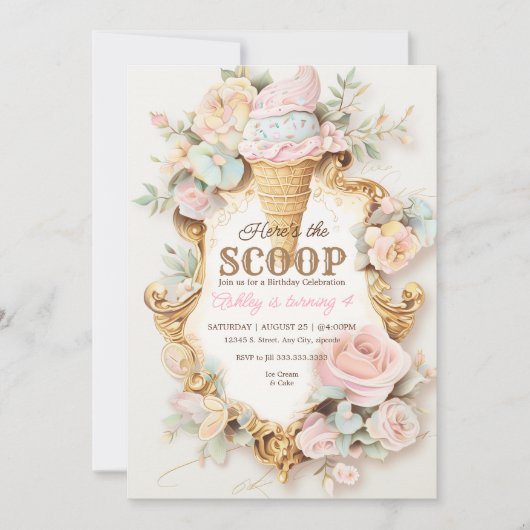 レトロなコーンのアイスクリーム、ピンクのアイスクリーム 招待状 (正面)