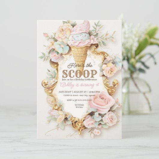 レトロなコーンのアイスクリーム、ピンクのアイスクリーム 招待状 (スタンド正面)