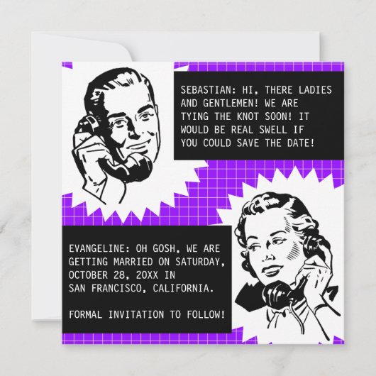 レトロなゴシップ カップル・セーブ・ザ・デート カード (正面)