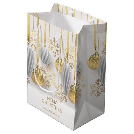 レトロなゴールドとシルバーのクリスマスオーナメント ミディアムペーパーバッグ (正面アングル)