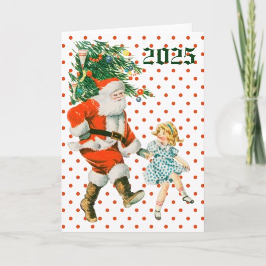 レトロなサンタと女の子のクリスマス カード (正面)