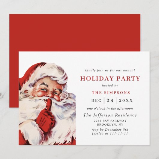 レトロなサンタクロースのクリスマスホリデーパーティー 招待状 (正面/裏面)