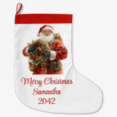 レトロなサンタクロース ビンテージ フェスティバル 楽しいストッキング ラージクリスマスストッキング (正面)