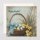 レトロなシャビーシックなイースターエッグのバスケットと水仙 シーズンカード (正面/裏面)