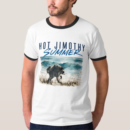 レトロなジモシー夏の面白いアライグマビーチ Tシャツ (正面)