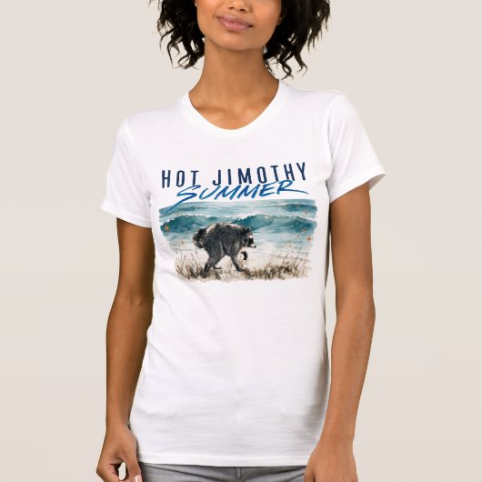 レトロなジモシー夏の面白いアライグマビーチ Tシャツ (正面)
