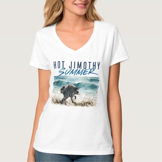 レトロなジモシー夏の面白いアライグマビーチ Tシャツ (正面)