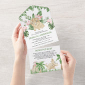 レトロなジャングルの可愛い花柄恐竜ベビーシャワー オールインワン招待状 (貼ってはがせる)