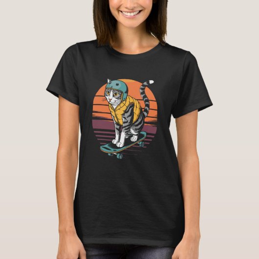 レトロなスケボーの猫 Tシャツ (正面)