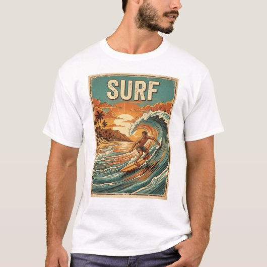 レトロなスタイルのサーフィンデザイン Tシャツ (正面)