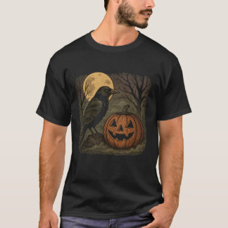 レトロなスタイルのハロウィンアート: カラスとカボチャと満月 Tシャツ