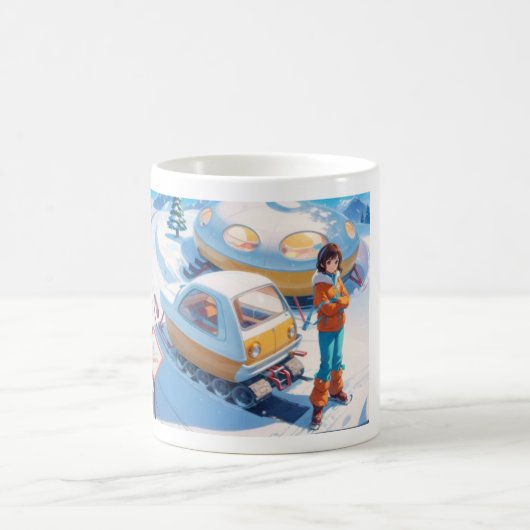 レトロなスノーモービルの女の子 コーヒーマグカップ (中央)