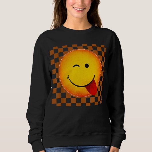 レトロなスマイル柄チェックパターン Happy Face Tシャツ (正面)