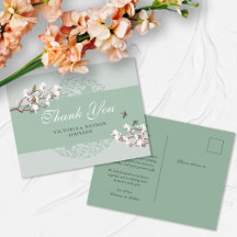 レトロなセージグリーンのシノワズリーディザインの感謝を伝えるポストカードです。