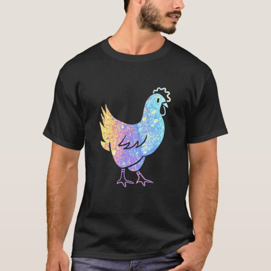 レトロなタイダイ柄のニワトリ Tシャツ (正面)