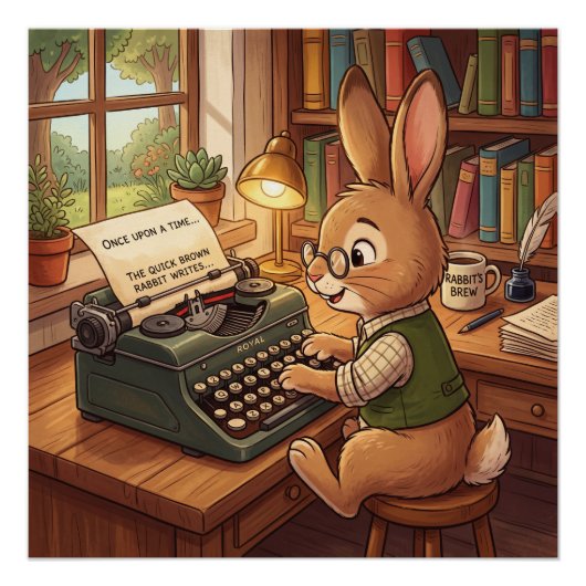 レトロなタイプライターを打つキャラクターのウサギ ポスター (正面)