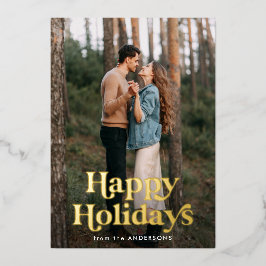 レトロなタイポグラフィで「Happy Holidays」を祝おう 写真入りカード 箔シーズンカード