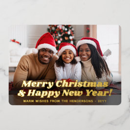 レトロなタイポグラフィのクリスマスと新年の2枚の写真 箔シーズンカード