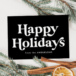 レトロなタイポグラフィーの黒い背景に"Happy Holidays" シーズンカード