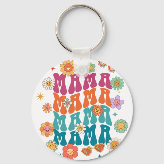 レトロなタイポグラフィ ママ ママ 花のスマイルフェイス キーホルダー (正面)