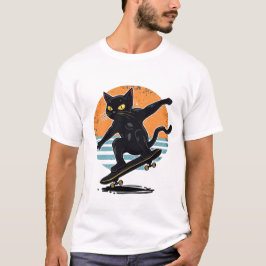 レトロなタキシード猫スケートボーダー スニーカー姿がおもしろ可愛い Tシャツ