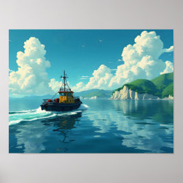 レトロなタグボートの海景色 ポスター