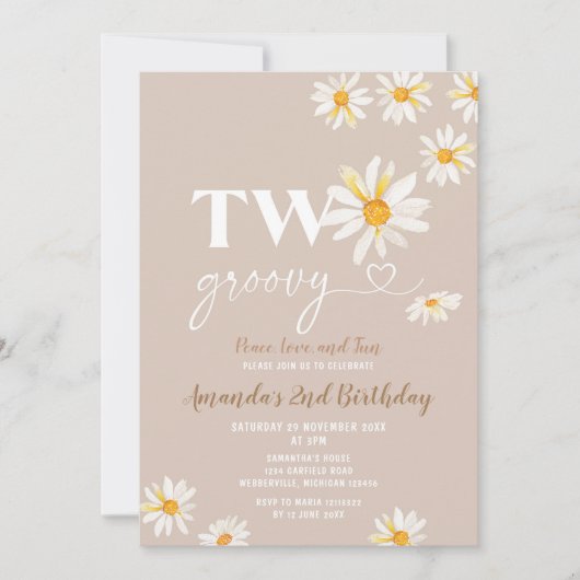 レトロなダイシーの花の2つのグルービーな誕生日パーティー 招待状 (正面)