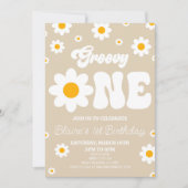 レトロなダイシーフラワー グルーヴィーワン 1歳の誕生日パーティー 招待状 (正面)