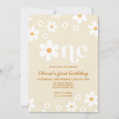 レトロなダイシー ワン フラワーの1歳誕生日招待状 招待状 (正面)