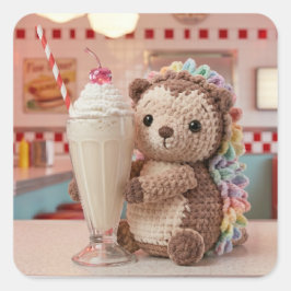 レトロなダイナーでハリネズミの編みぐるみとミルクシェイク スクエアシール