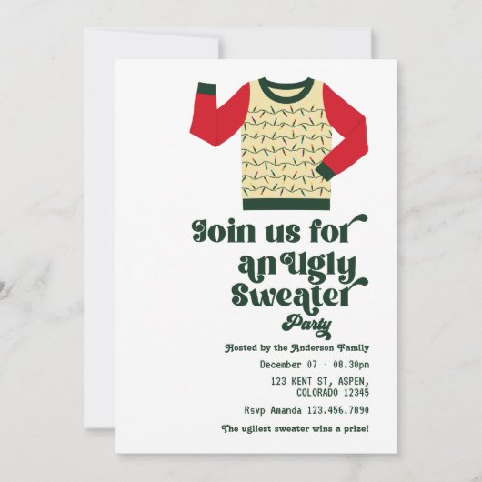 レトロなダサいクリスマススウェターのパーティー 招待状 (正面)