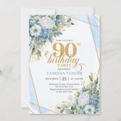 レトロなダスティブルーの90歳の誕生日の花のスクリプト   招待状 (正面)