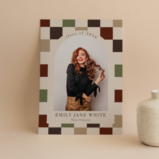 レトロなチェック柄のアーチのタイムレスな写真 卒業式 招待状