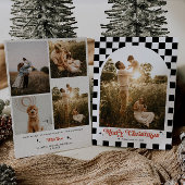 レトロなチェック柄のアーチファミリーフォト シーズンカード