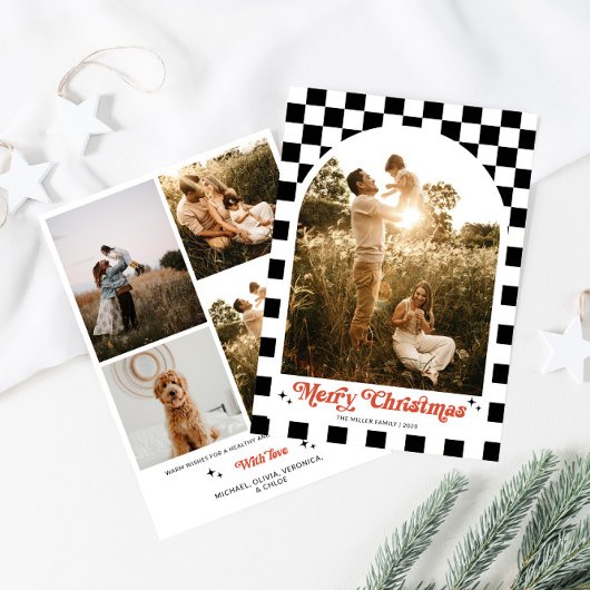 レトロなチェック柄のアーチファミリーフォト シーズンカード