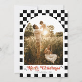 レトロなチェック柄のアーチファミリーフォト シーズンカード (正面)