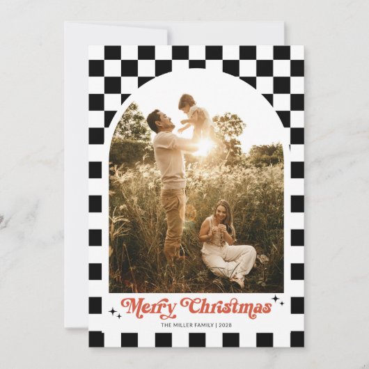 レトロなチェック柄のアーチファミリーフォト シーズンカード (正面)