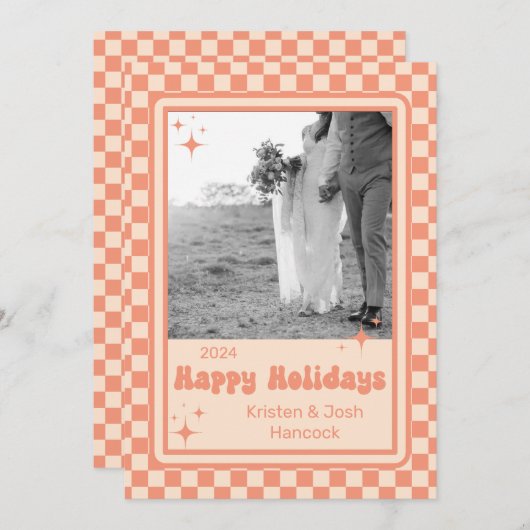 レトロなチェック柄のホリデーカード シーズンカード (正面/裏面)