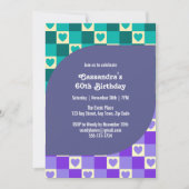 レトロなチェック柄ハート バウハウス ティールブルー 誕生日 招待状 (正面)