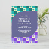 レトロなチェック柄ハート バウハウス ティールブルー 誕生日 招待状 (スタンド正面)