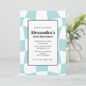 レトロなチェック柄ブルー74歳の誕生日招待状 招待状 (スタンド正面)