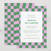 レトロなチェック柄 ピンク 緑 ユニークなバット・ミツバ祭 招待状 (正面/裏面)