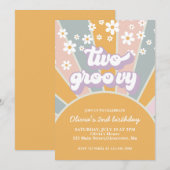 レトロなツー グルーヴィー サンシャイン デイジー パープル インビテーション (正面/裏面)