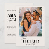 レトロなテキストと写真の結婚式の事前告知 セーブザデート (正面/裏面)