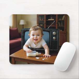 レトロなテレビから這い出る赤ちゃん マウスパッド