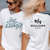 レトロなデザインの「Just Married」ミスター&ミセス ブルー 黒&ホワイト Tシャツ