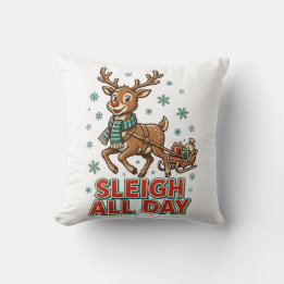レトロなトナカイのクリスマス ヴィンテージ サンタ 「Sleigh+All+Day」 クッション